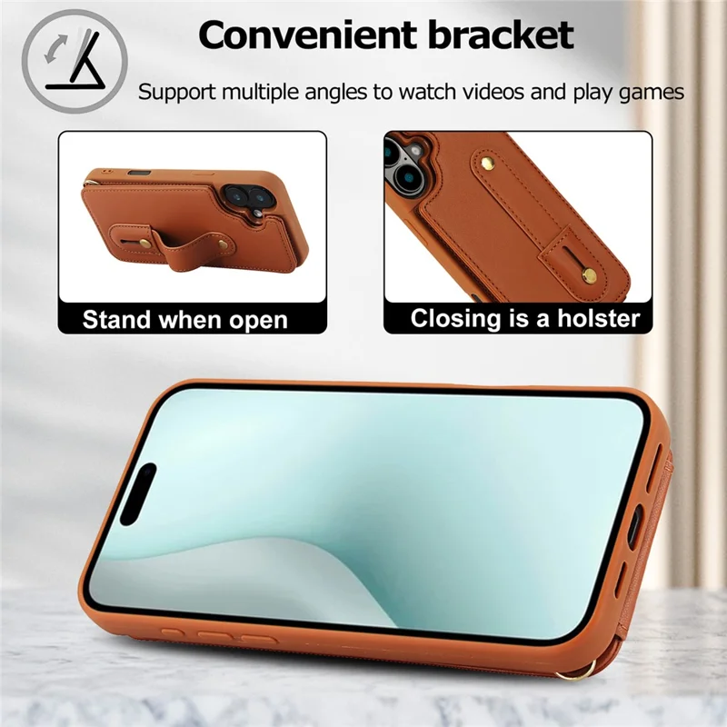 For iPhone 16 Case Kickstand Card Slots Leather Coated TPU Cover with Shoulder Strap - Brown