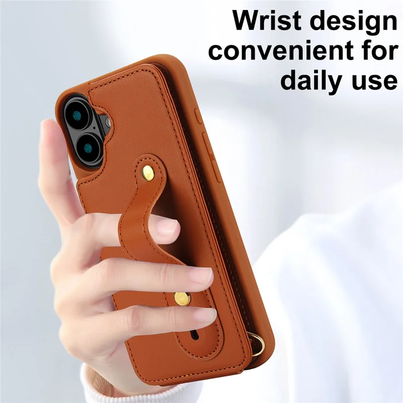 For iPhone 16 Case Kickstand Card Slots Leather Coated TPU Cover with Shoulder Strap - Brown