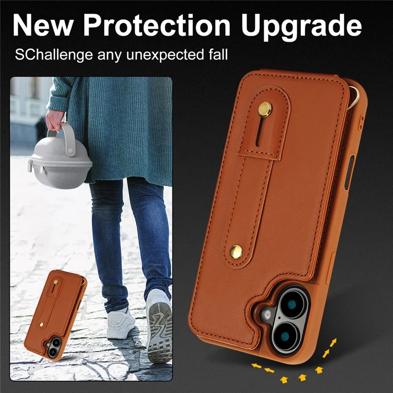 For iPhone 16 Case Kickstand Card Slots Leather Coated TPU Cover with Shoulder Strap - Brown