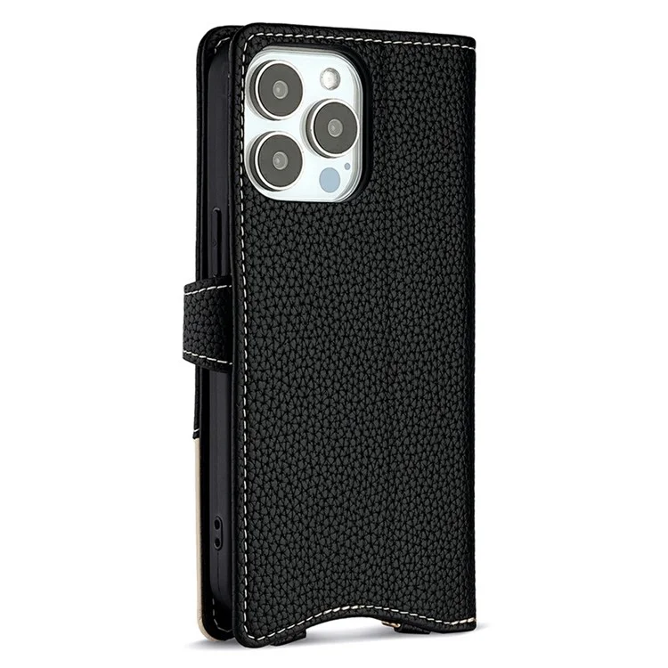 For iPhone 15 Pro Max Leather Case Wallet Stand Cover Irregular Tail Style with Chain Strap - Black