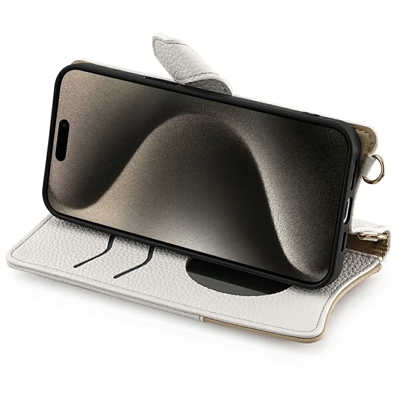 For iPhone 15 Pro Max Leather Case Wallet Stand Cover Irregular Tail Style with Chain Strap - White