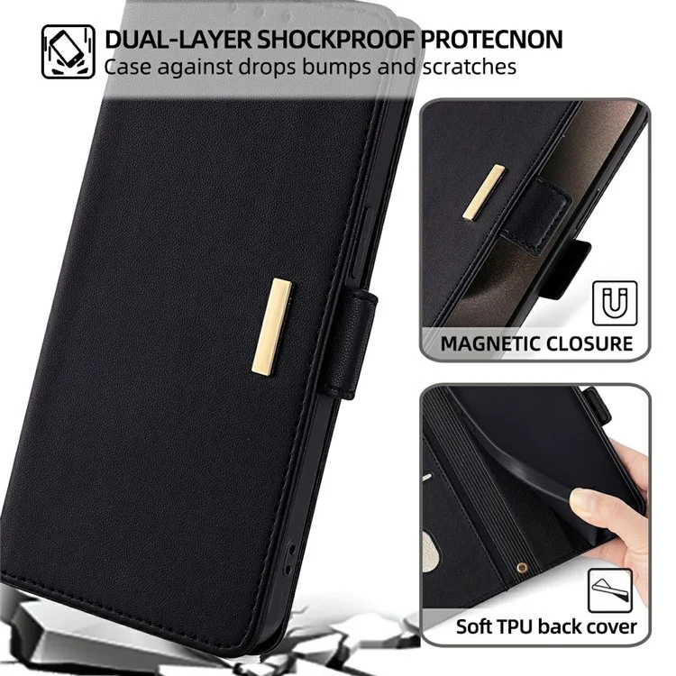 For iPhone 15 Pro Max Leather Wallet Case RFID Blocking Stand Cover with Hand Strap - Black