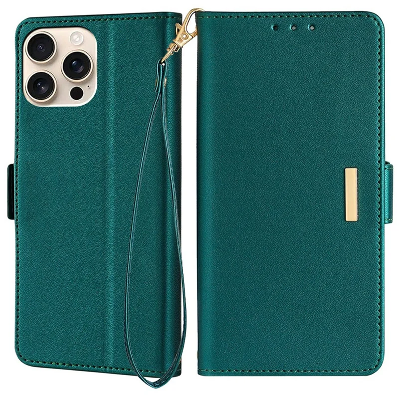 For iPhone 15 Pro Max Leather Wallet Case RFID Blocking Stand Cover with Hand Strap - Green