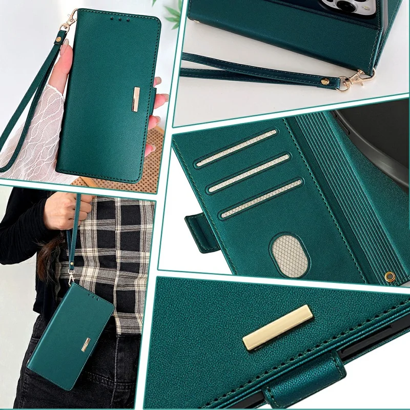 For iPhone 15 Pro Max Leather Wallet Case RFID Blocking Stand Cover with Hand Strap - Green