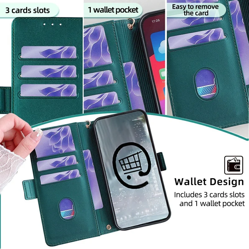 For iPhone 15 Pro Max Leather Wallet Case RFID Blocking Stand Cover with Hand Strap - Green