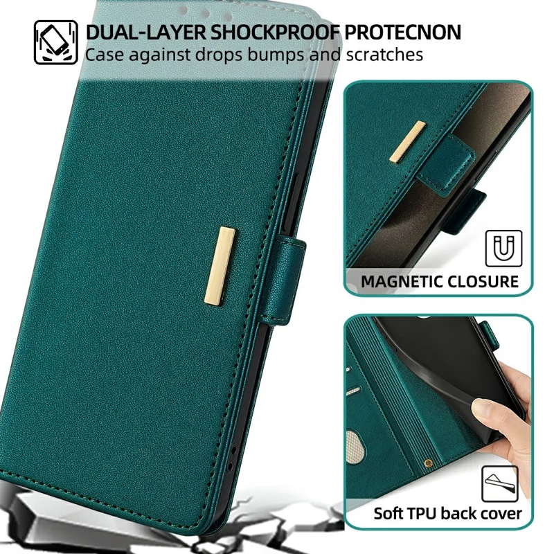For iPhone 15 Pro Max Leather Wallet Case RFID Blocking Stand Cover with Hand Strap - Green