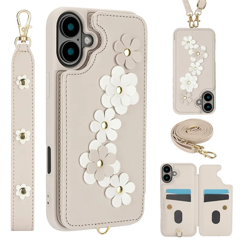 SY-001 For iPhone 16 Plus Case Card Slots Leather Coated TPU Flower Phone Cover - Beige