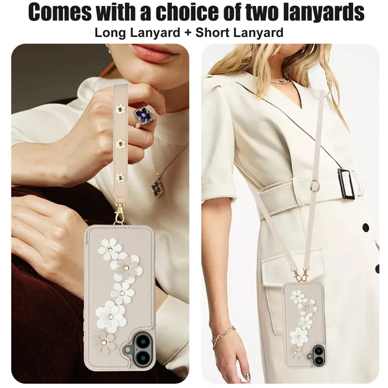 SY-001 For iPhone 16 Plus Case Card Slots Leather Coated TPU Flower Phone Cover - Beige