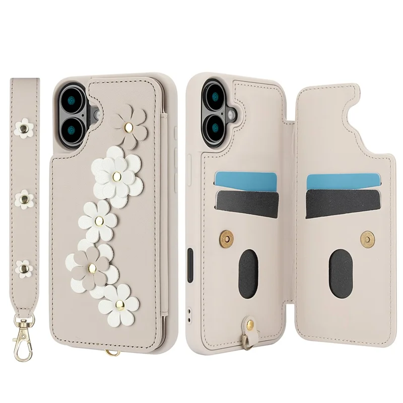 SY-001 For iPhone 16 Plus Case Card Slots Leather Coated TPU Flower Phone Cover - Beige