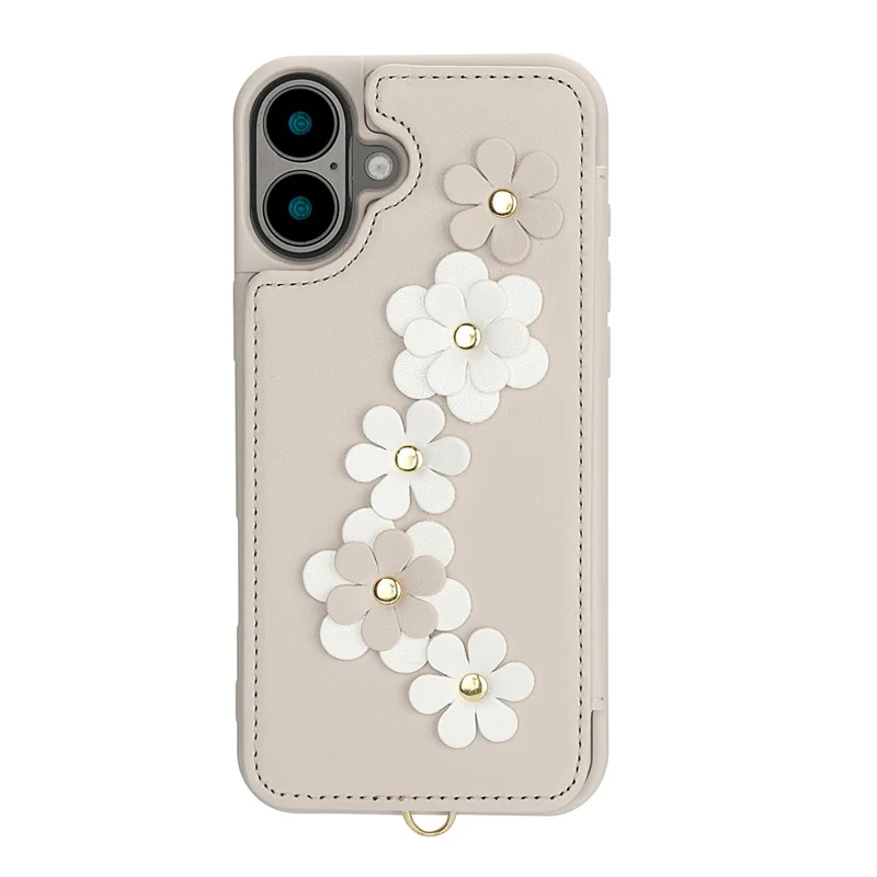SY-001 For iPhone 16 Plus Case Card Slots Leather Coated TPU Flower Phone Cover - Beige