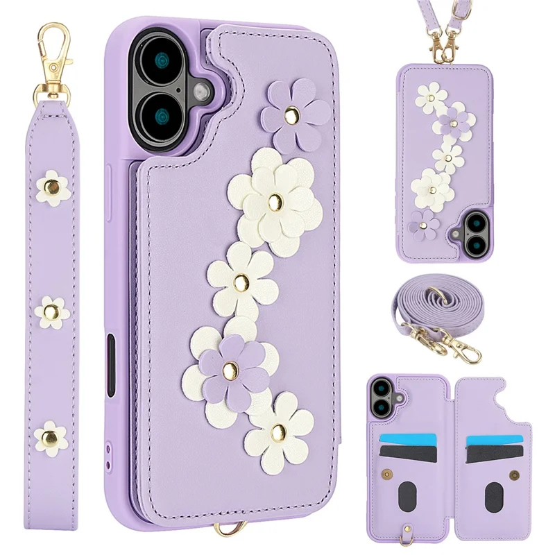 SY-001 For iPhone 16 Plus Case Card Slots Leather Coated TPU Flower Phone Cover - Purple