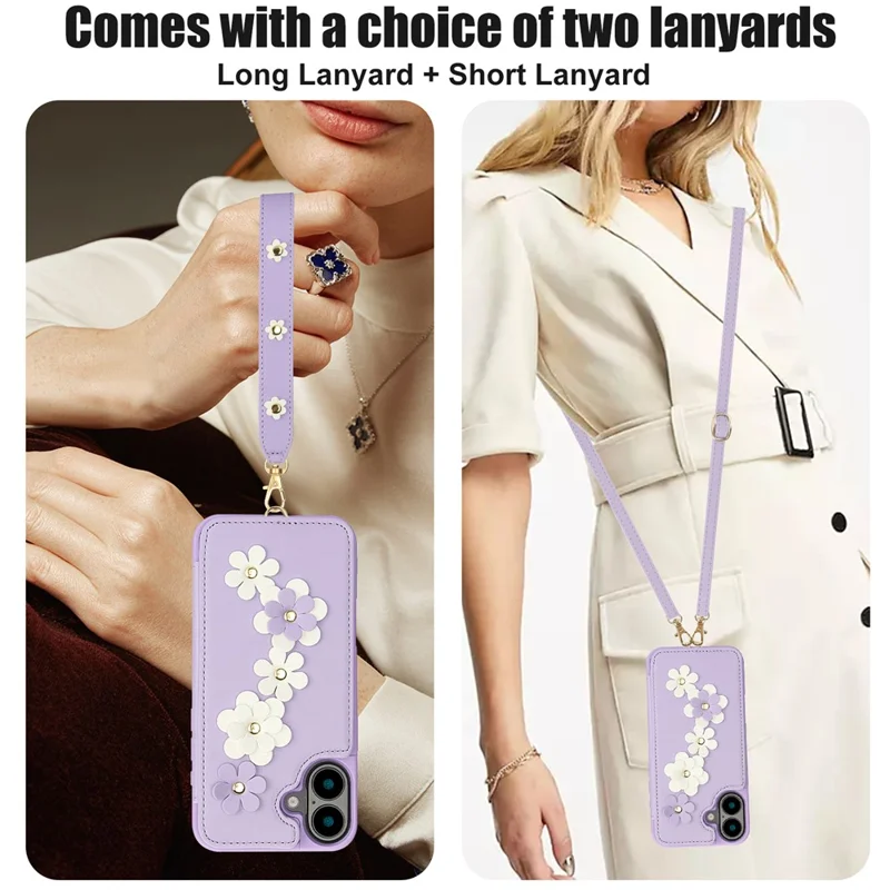 SY-001 For iPhone 16 Plus Case Card Slots Leather Coated TPU Flower Phone Cover - Purple