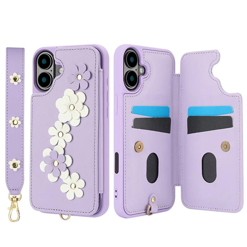 SY-001 For iPhone 16 Plus Case Card Slots Leather Coated TPU Flower Phone Cover - Purple
