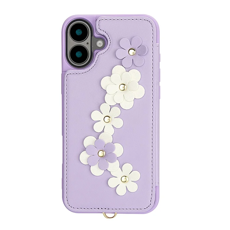 SY-001 For iPhone 16 Plus Case Card Slots Leather Coated TPU Flower Phone Cover - Purple