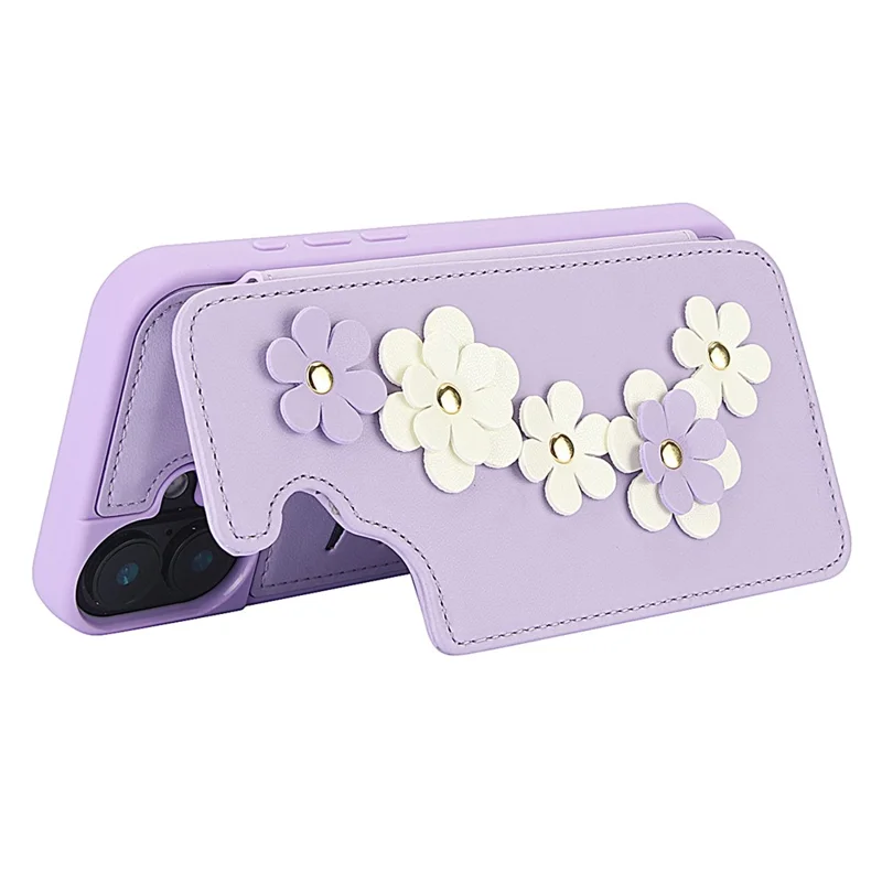 SY-001 For iPhone 16 Plus Case Card Slots Leather Coated TPU Flower Phone Cover - Purple