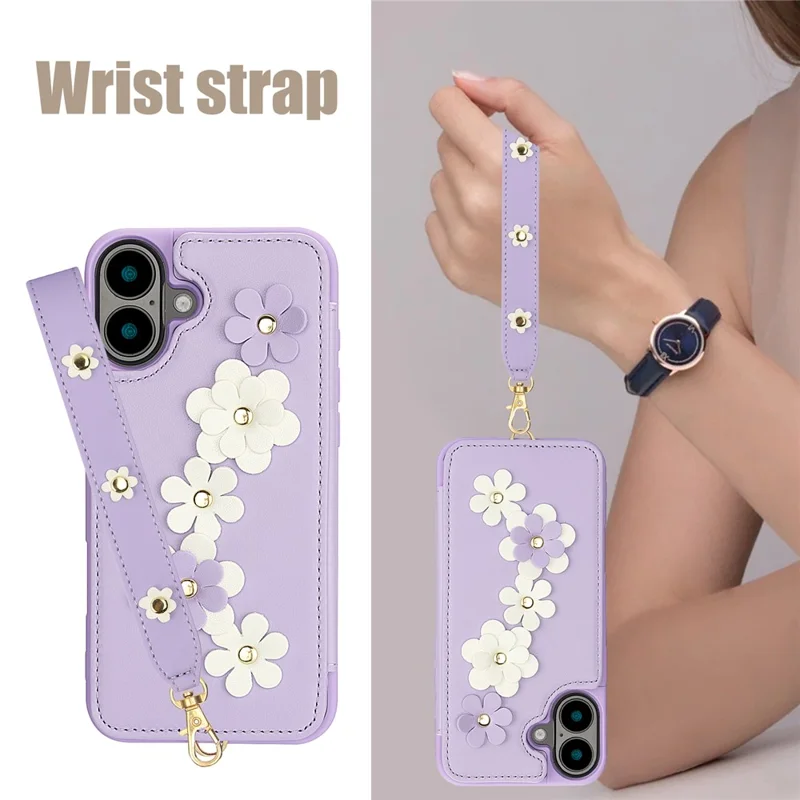 SY-001 For iPhone 16 Plus Case Card Slots Leather Coated TPU Flower Phone Cover - Purple