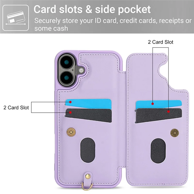 SY-001 For iPhone 16 Plus Case Card Slots Leather Coated TPU Flower Phone Cover - Purple