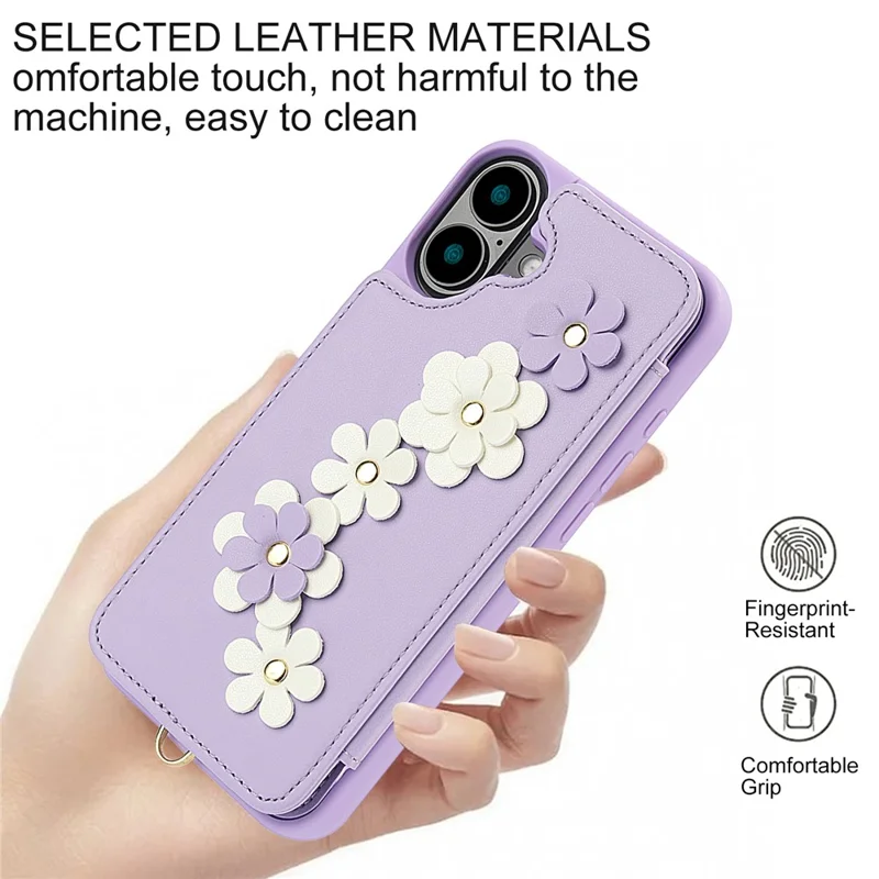 SY-001 For iPhone 16 Plus Case Card Slots Leather Coated TPU Flower Phone Cover - Purple
