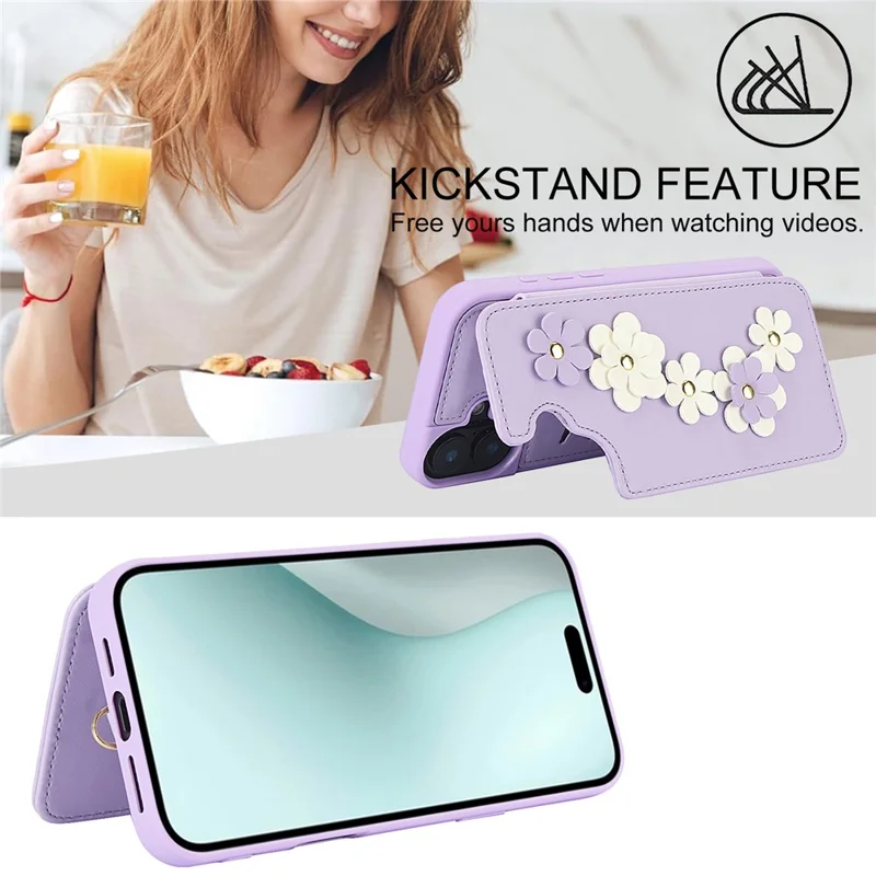 SY-001 For iPhone 16 Plus Case Card Slots Leather Coated TPU Flower Phone Cover - Purple