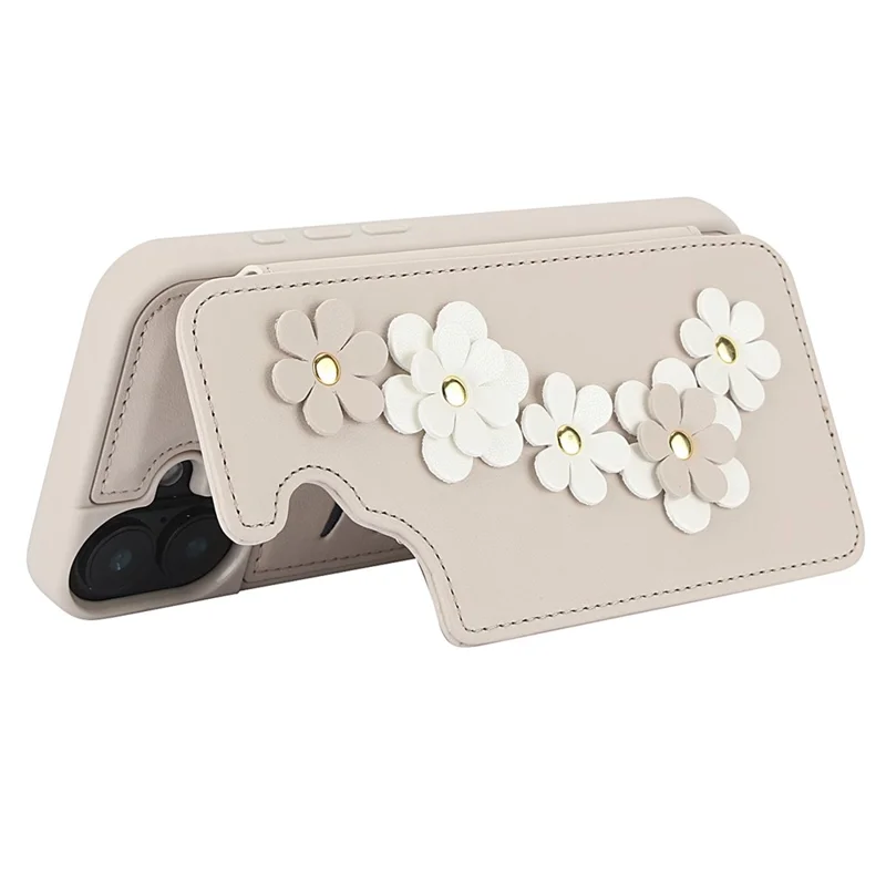 SY-001 For iPhone 16 Case Card Slots Leather Coated TPU Flower Phone Cover - Beige