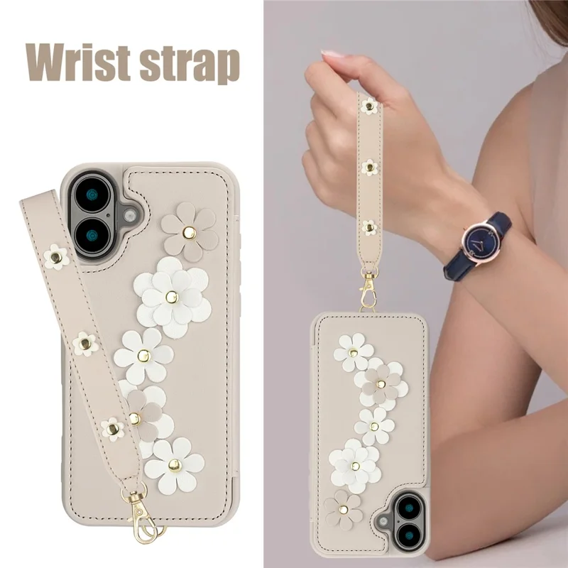 SY-001 For iPhone 16 Case Card Slots Leather Coated TPU Flower Phone Cover - Beige