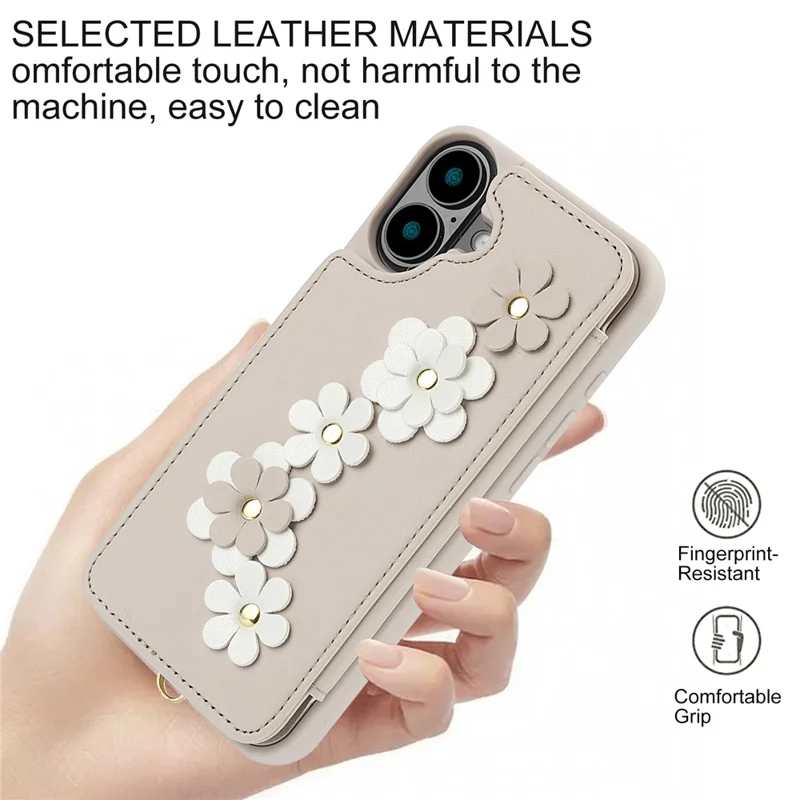 SY-001 For iPhone 16 Case Card Slots Leather Coated TPU Flower Phone Cover - Beige