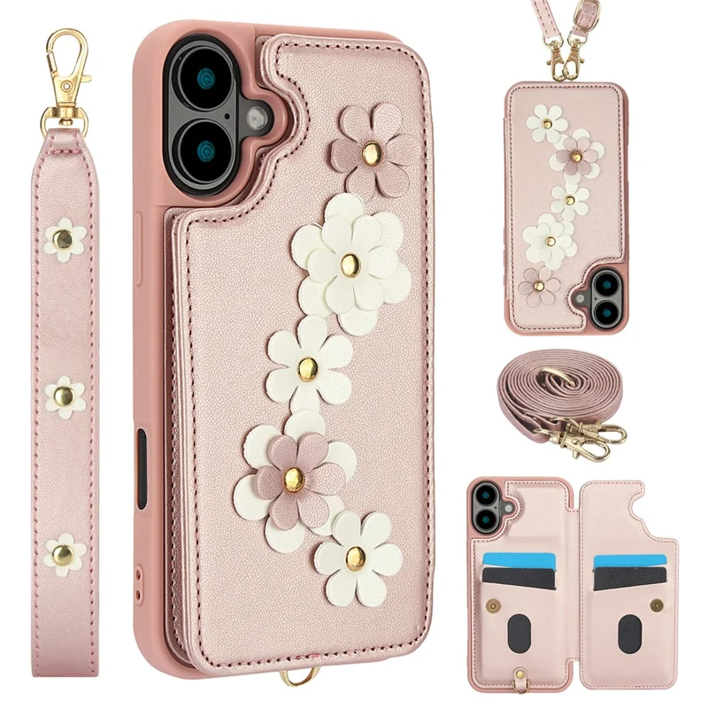 SY-001 For iPhone 16 Case Card Slots Leather Coated TPU Flower Phone Cover - Pink