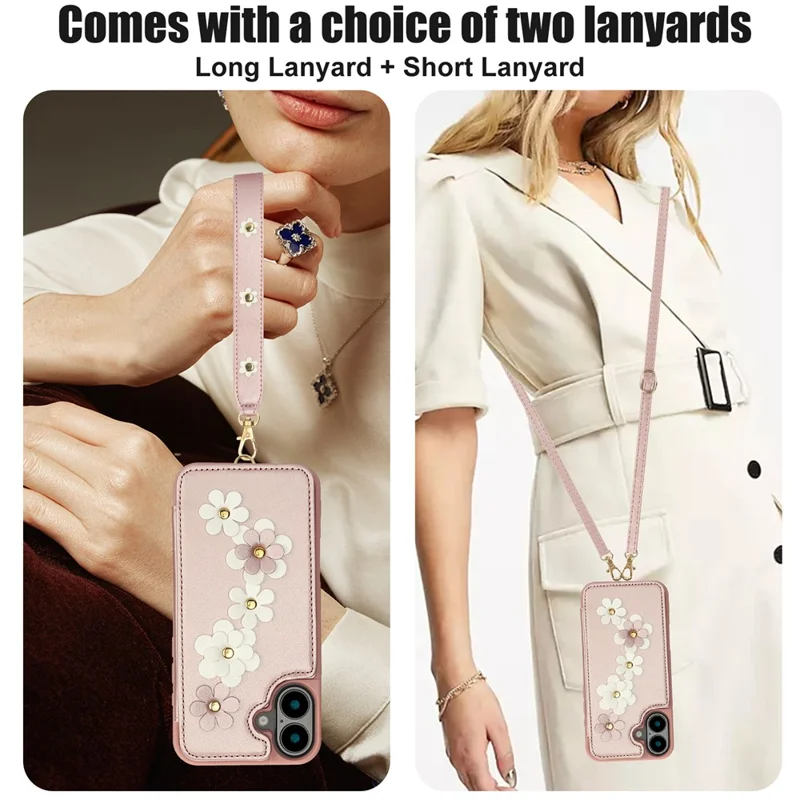 SY-001 For iPhone 16 Case Card Slots Leather Coated TPU Flower Phone Cover - Pink