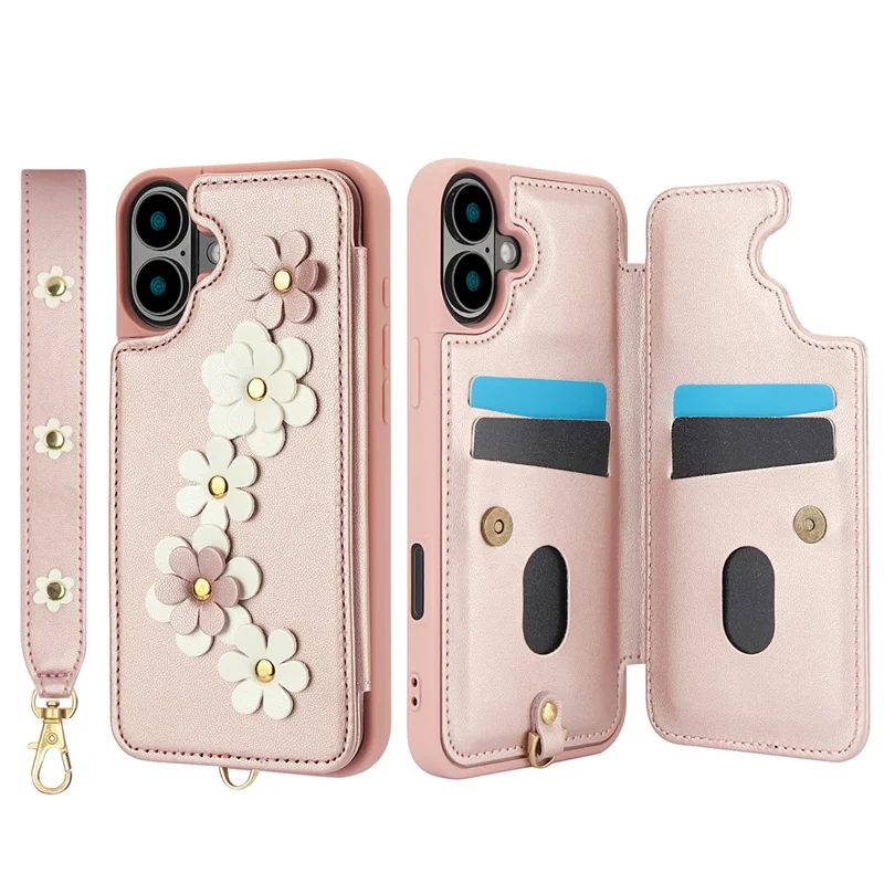 SY-001 For iPhone 16 Case Card Slots Leather Coated TPU Flower Phone Cover - Pink