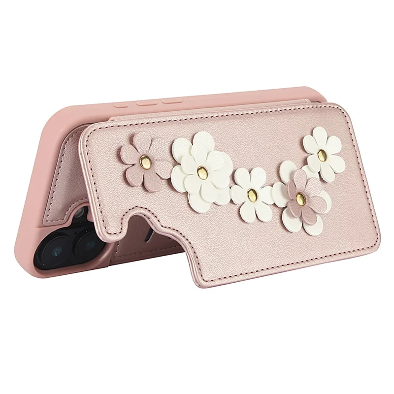 SY-001 For iPhone 16 Case Card Slots Leather Coated TPU Flower Phone Cover - Pink