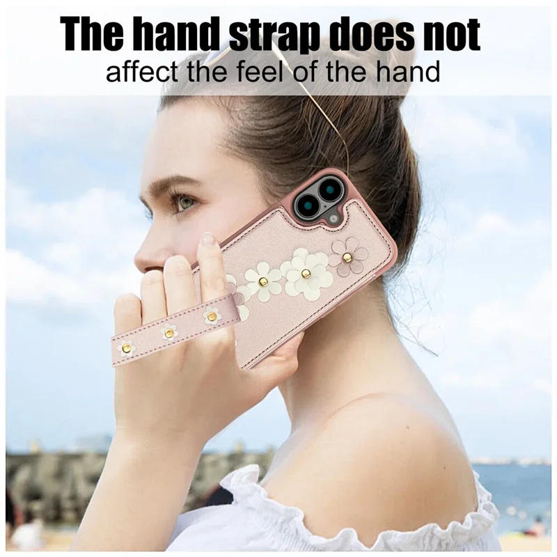 SY-001 For iPhone 16 Case Card Slots Leather Coated TPU Flower Phone Cover - Pink