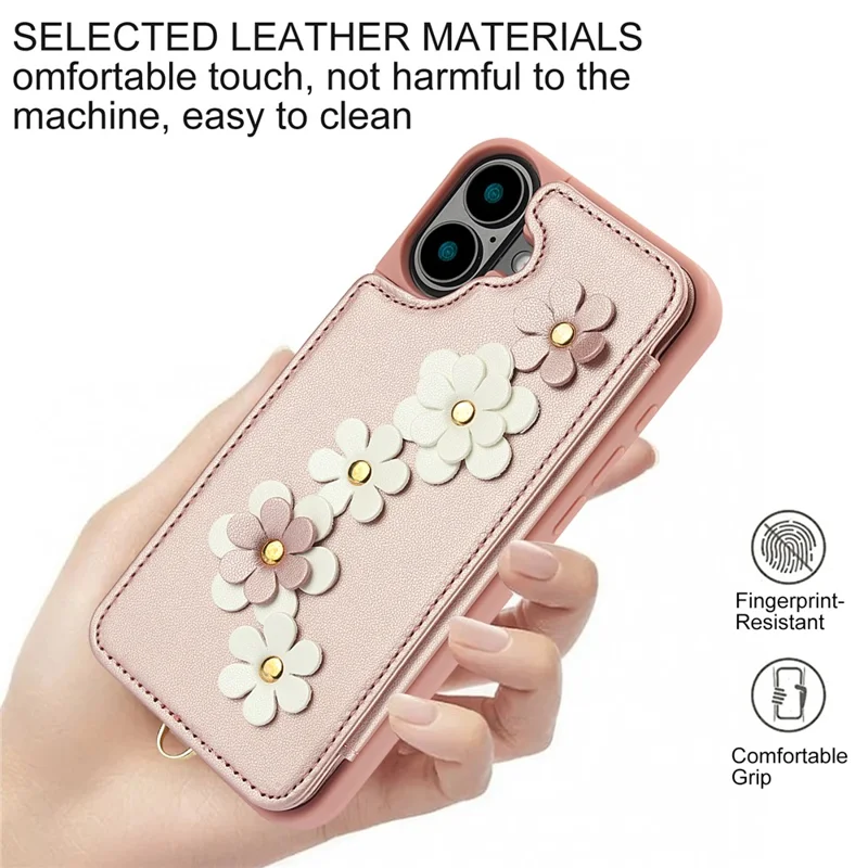 SY-001 For iPhone 16 Case Card Slots Leather Coated TPU Flower Phone Cover - Pink