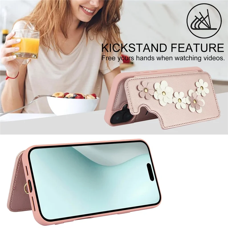 SY-001 For iPhone 16 Case Card Slots Leather Coated TPU Flower Phone Cover - Pink