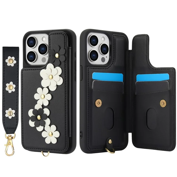 SY-001 Funda para iPhone 16 Pro Max con ranuras para tarjetas, revestimiento de cuero y TPU, diseño floral - Negro