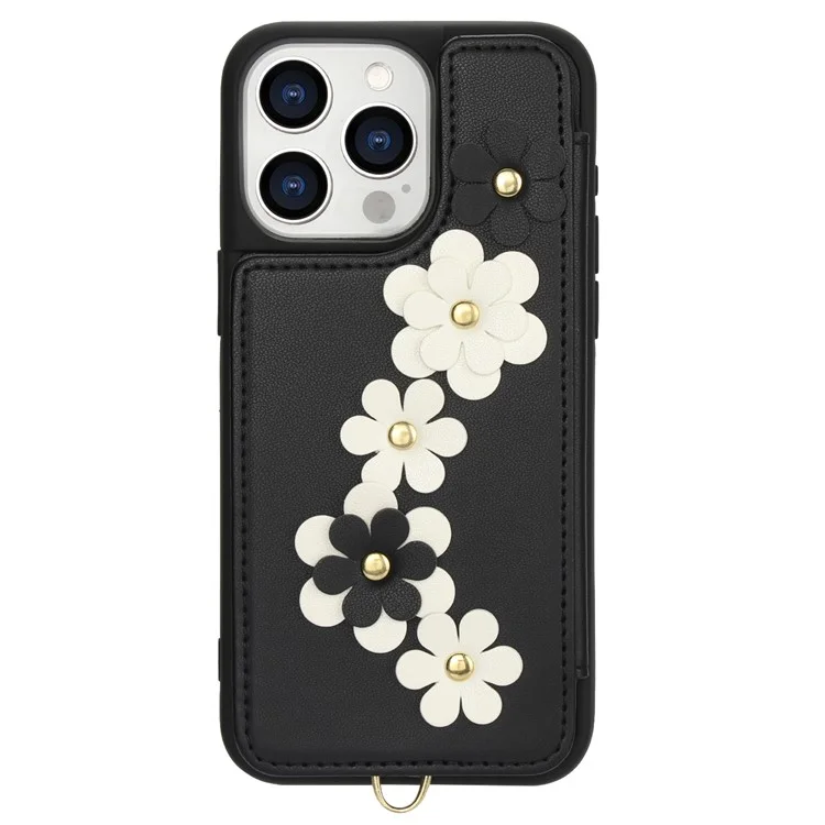 SY-001 Funda para iPhone 16 Pro Max con ranuras para tarjetas, revestimiento de cuero y TPU, diseño floral - Negro