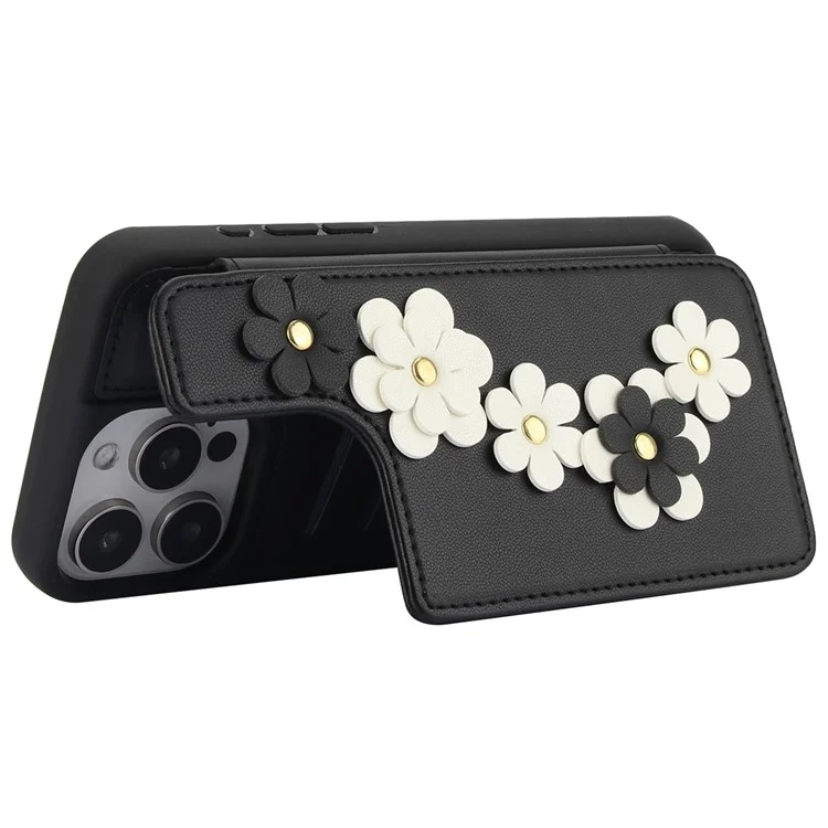 SY-001 Funda para iPhone 16 Pro Max con ranuras para tarjetas, revestimiento de cuero y TPU, diseño floral - Negro