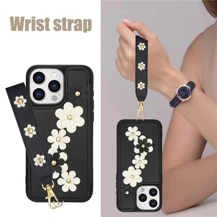 SY-001 Funda para iPhone 16 Pro Max con ranuras para tarjetas, revestimiento de cuero y TPU, diseño floral - Negro