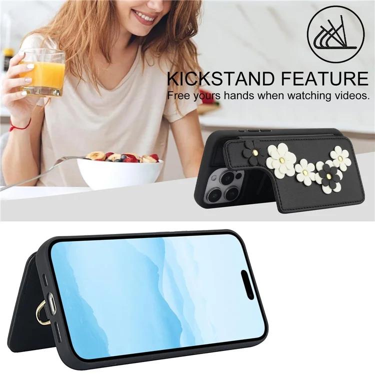 SY-001 Funda para iPhone 16 Pro Max con ranuras para tarjetas, revestimiento de cuero y TPU, diseño floral - Negro