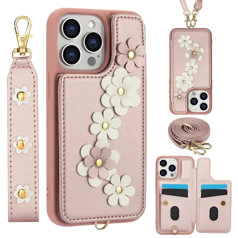 SY-001 For iPhone 16 Pro Max Case Card Slots Leather Coated TPU Flower Phone Cover - Pink