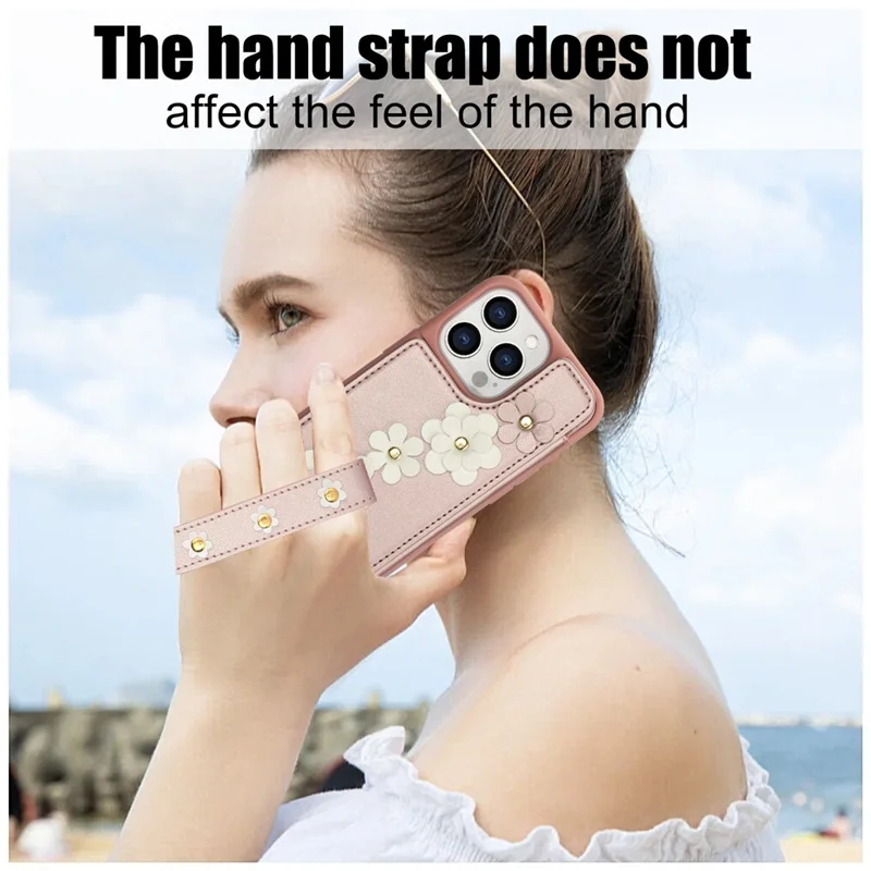 SY-001 For iPhone 16 Pro Max Case Card Slots Leather Coated TPU Flower Phone Cover - Pink