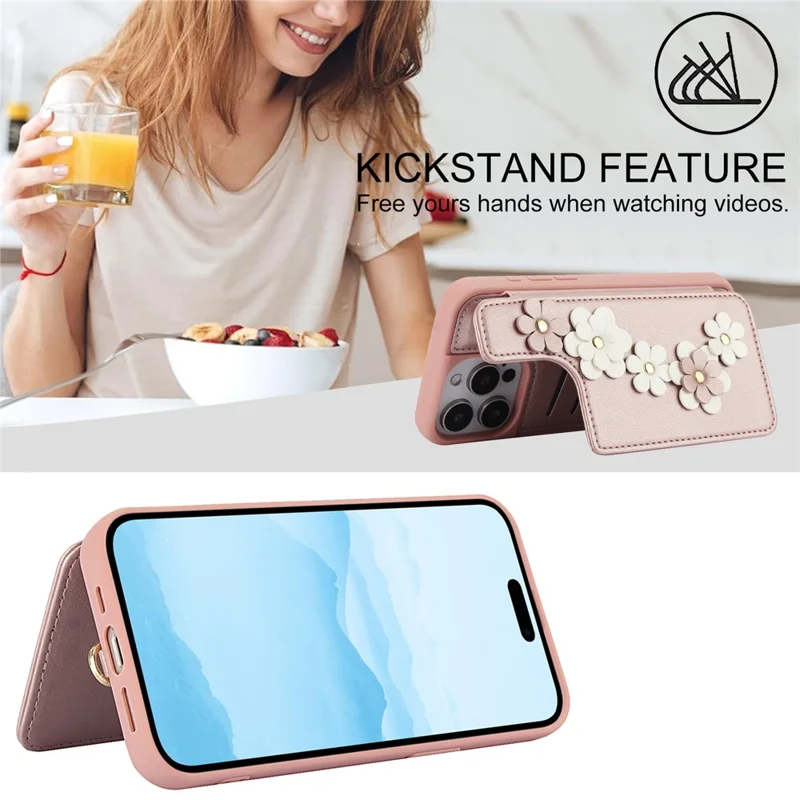 SY-001 For iPhone 16 Pro Max Case Card Slots Leather Coated TPU Flower Phone Cover - Pink