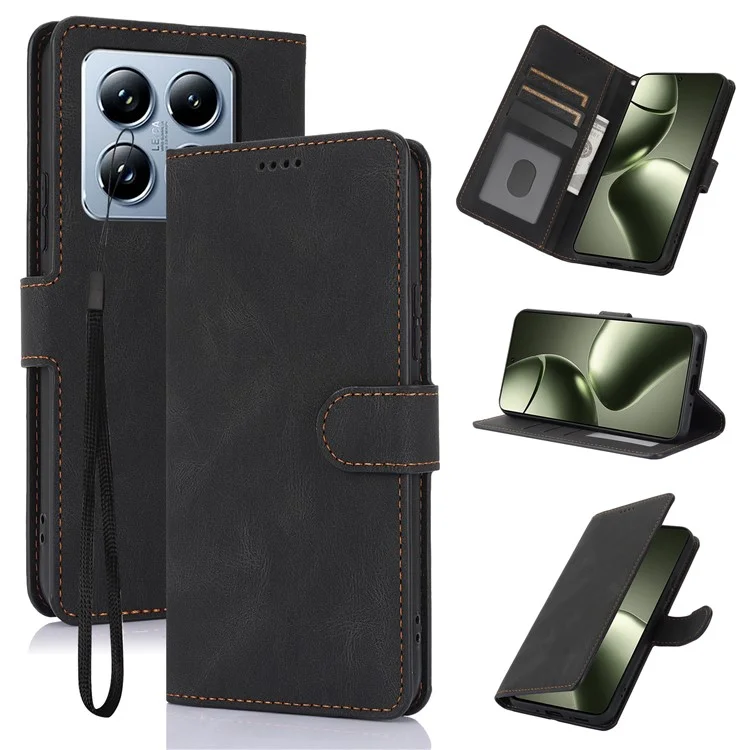Capa de telefone de couro PU para Xiaomi 14T Pro com carteira, suporte e visor - Preta