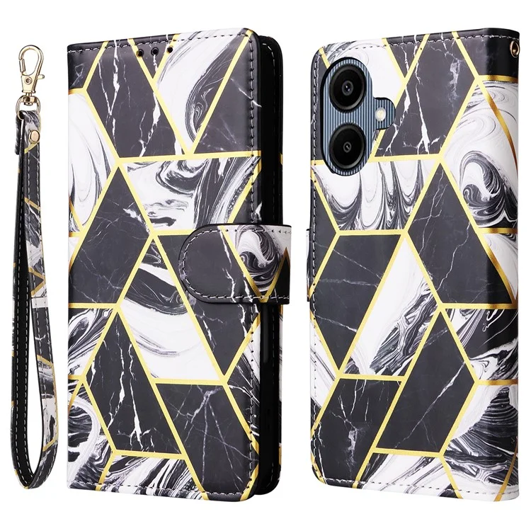 Para Capa de Telefone Samsung Galaxy A06 Padrão de Mármore Lacado em Couro - Preto