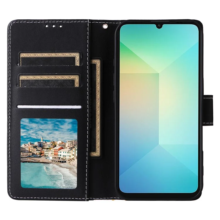 Para Capa de Telefone Samsung Galaxy A06 Padrão de Mármore Lacado em Couro - Preto