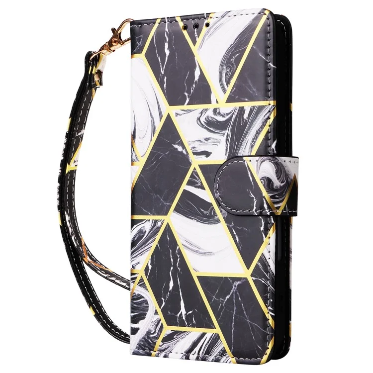 Para Capa de Telefone Samsung Galaxy A06 Padrão de Mármore Lacado em Couro - Preto