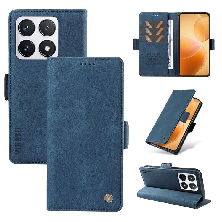 YIKATU YK-005 Capa carteira de couro PU para Xiaomi 14T Pro, capa para telefone com toque macio - Azul