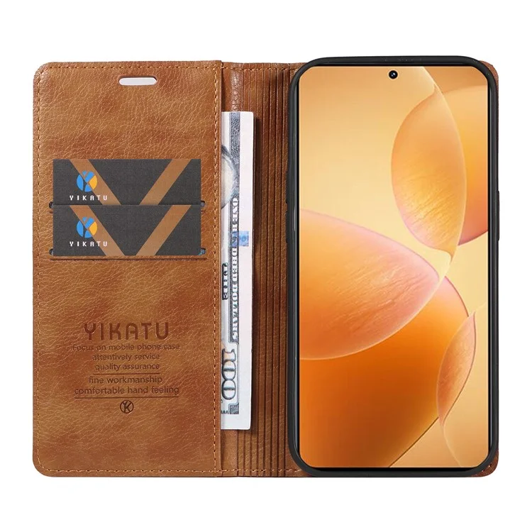 YIKATU YK-006 Per Xiaomi 14T Pro Custodia Portafoglio Litchi Grain Pelle Custodia per Telefono Magnetica Auto-Assorbita - Marrone