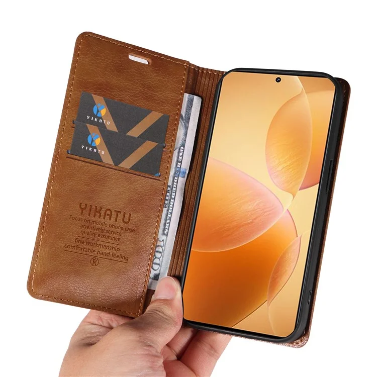 YIKATU YK-006 Per Xiaomi 14T Pro Custodia Portafoglio Litchi Grain Pelle Custodia per Telefono Magnetica Auto-Assorbita - Marrone