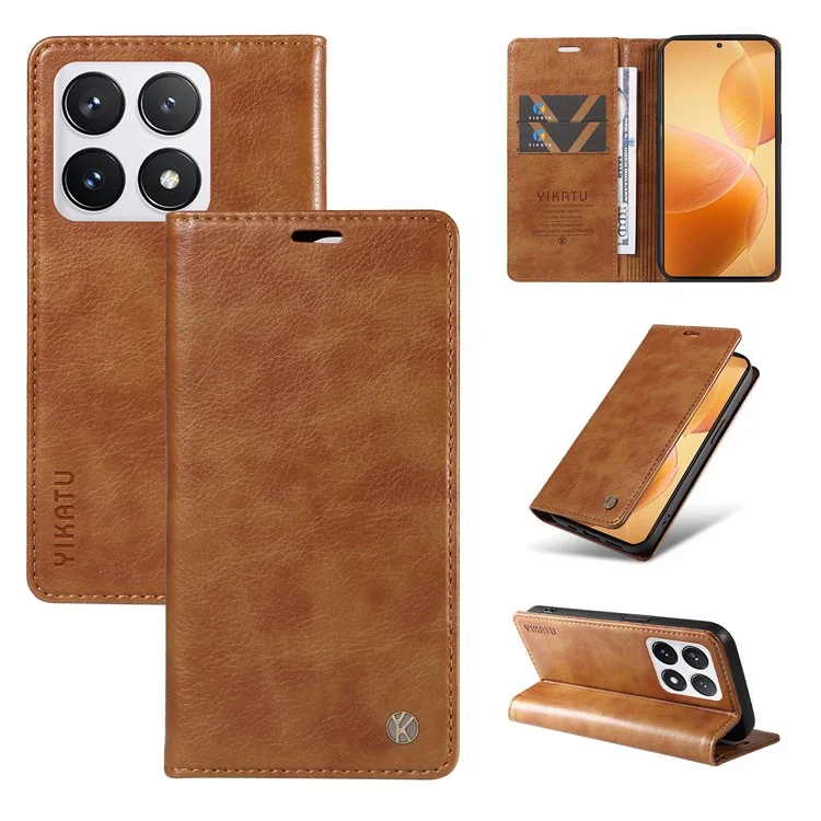 YIKATU YK-006 Per Xiaomi 14T Pro Custodia Portafoglio Litchi Grain Pelle Custodia per Telefono Magnetica Auto-Assorbita - Marrone