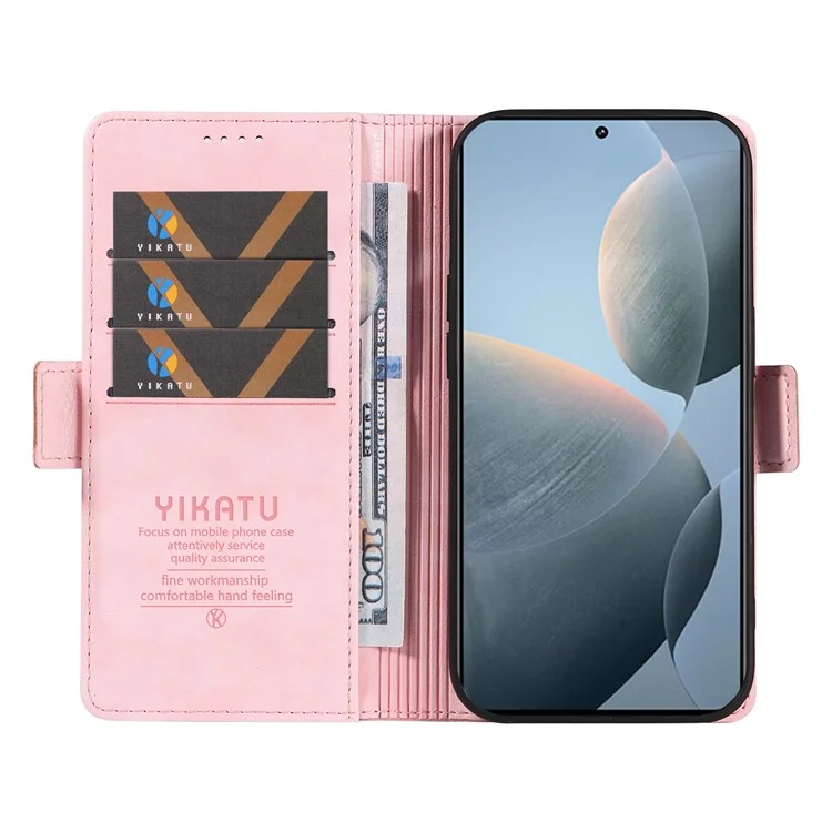 YIKATU YK-007 Чехол для Xiaomi 14T с боковой пряжкой, из ПУ кожи с текстурой личи - Розовый